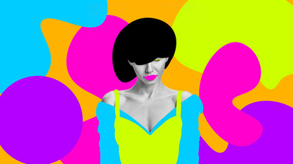 Portrait of a beautiful young woman with bright colorful painted design. Retro and magazine style, modern vision of females beauty and fashion, contemporary artwork. Copyspace. Make up and hairstyle.