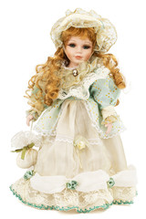 Porcelain doll in hat,  isolated on white background