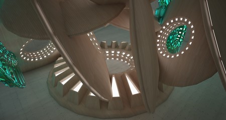 Obraz premium Abstract architectural background interior made of wood, concrete and glass. Neon lighting. 3D illustration and rendering