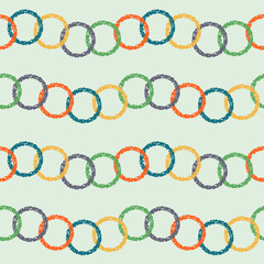 Seamless repeat vector pattern with five-color rings crossing over, with textured printmaking effect