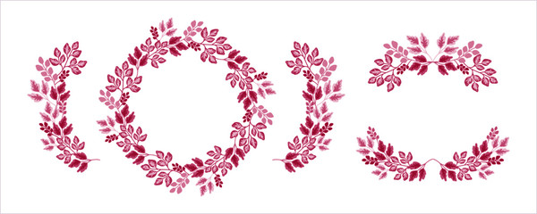 Set of violet, purple, and magenta leaf wreath and leaf frame for invitation and wedding design. Leaf and floral vector arrangements