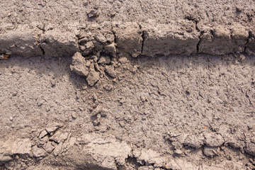 Fototapeta premium Frozen footprint on dry ground. Cracks, sand. Color Zorba, shade Brown.