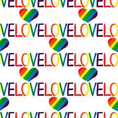 Seamless pattern of hearts LGBT rainbow flag colors and handwritten word LOVE on white background isolated, LGBTQ repeating ornament, lesbian, gay etc symbol, love sign, art trendy print, wallpaper