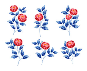 Red peonies, daisy, and blue leafs. Beautiful hand-drawn flower vector elements for wedding invitation, clip art, or flower poster