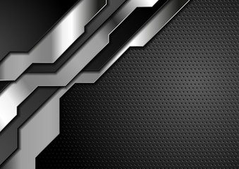 Black and silver metal shapes on dark perforated background. Monochrome technology vector design