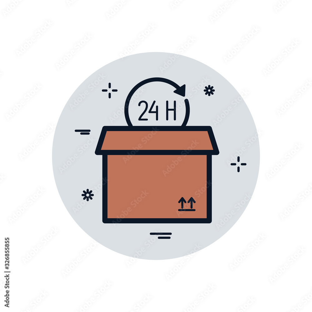 Poster isolated delivery box and 24 hours arrow fill block style icon vector design
