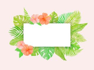 Summer flower template with hand drawn watercolour leaves and flower on pink background