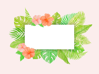 Obraz premium Summer flower template with hand drawn watercolour leaves and flower on pink background