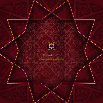 Abstract Polygonal Geometric Pattern With Gold Ornament On Red Background