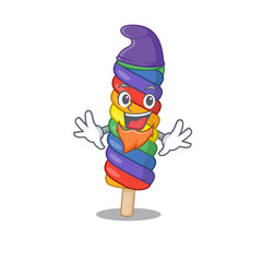cartoon mascot of funny rainbow ice cream dressed as an Elf