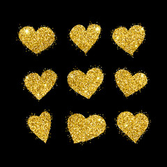 Brush drawn Watercolor hearts. Set of vector hand painted watercolor gold glitter illustration. Isolated objects perfect for Valentine's day card or romantic post cards