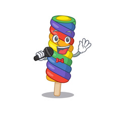 Happy rainbow ice cream singing on a microphone