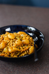 vegan fusilli pasta with baby potatoes and creamy mustard sauce