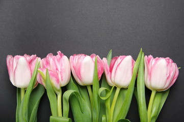 Yellow red tulips bouquet on black background