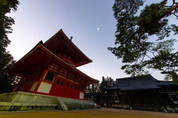 明け方の空と寺の塔と樹木