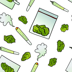 Seamless vector pattern with joints and bags of marijuana. Weed background.