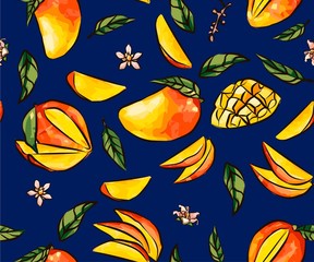 Slices of sliced manga, pieces of fruit slices and cubes, Vector seamless pattern Vintage style, YELLOW AND PINK MANGO,