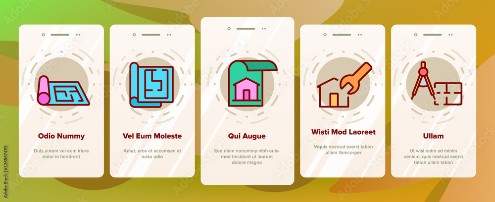 Aufkleber blueprint architecture onboarding icons set vector. house project on blueprint, brick wall with cons