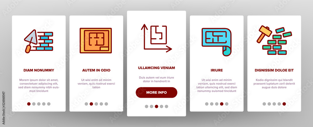 Poster blueprint architecture onboarding icons set vector. house project on blueprint, brick wall with cons