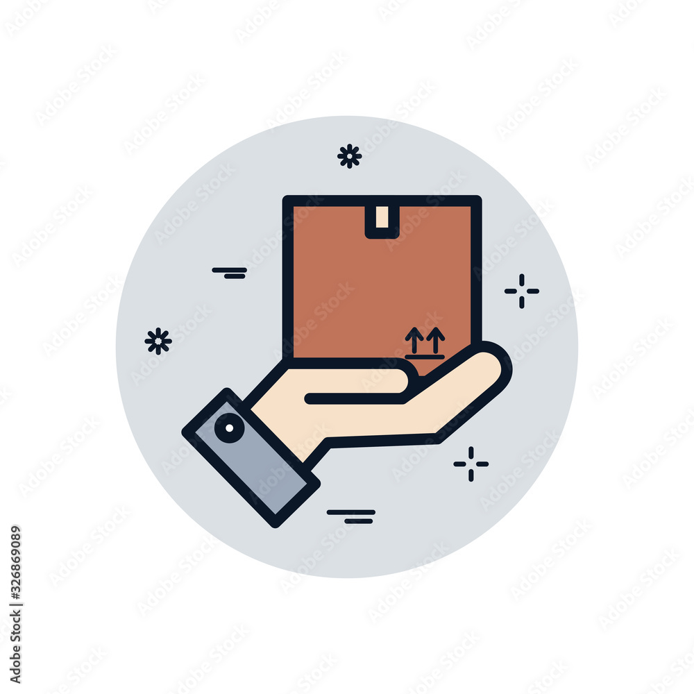 Poster isolated delivery box over hand fill block style icon vector design