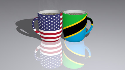 Relationship of UNITED STATES OF AMERICA AND TANZANIA presented by their national flags on cups of tea or coffee as editorial