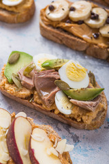 Appetizers table with italian antipasti snacks. Brushetta or authentic traditional spanish tapas set,  variety