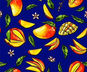 Ripe mangoes on a bright background. Sliced ​​manga slices, fruit slices and cubes, Vector seamless pattern in vintage style,