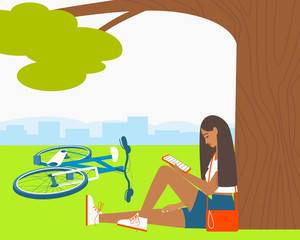 A girl reads an e-book in a park. The girl came to the park on a bicycle. Technology, leisure concept. Active healthy lifestyle concept.   Summer people outdoors. Flat illustration vector.