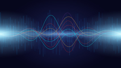 colorful sound wave audio spectrum line on dark background , vector illustration .