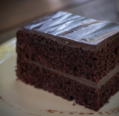 a piece of chocolate cake on plate  with natural light