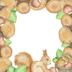 Square frame of squirrel and nuts