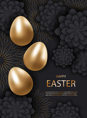 Vector Easter illustration of silver and black abstract texture. Minimalistic black background. Black paper flowers. Silver peacock feathers on a black background. Vertical view. Easter abstraction