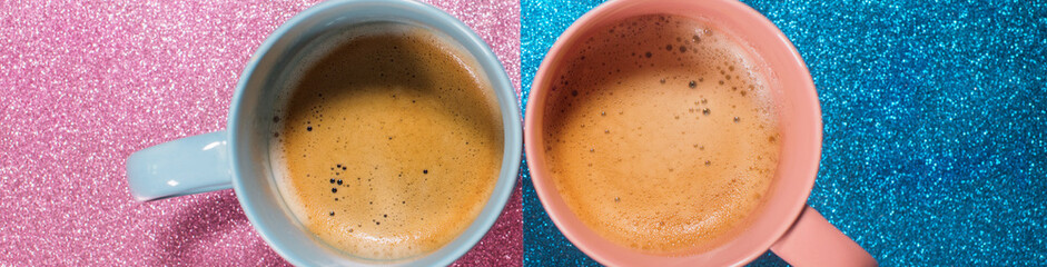 Two cups coffee bright pink blue brilliant paper