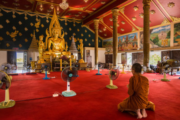 Samut Prakan, Thailand - February,23, 2020 : Thai buddhist Monks praying and pay respect to the Buddha image at Temple wat asokaram ,Thailand