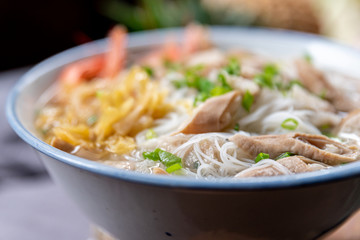 Rice noodle soup with many delicious ingredients