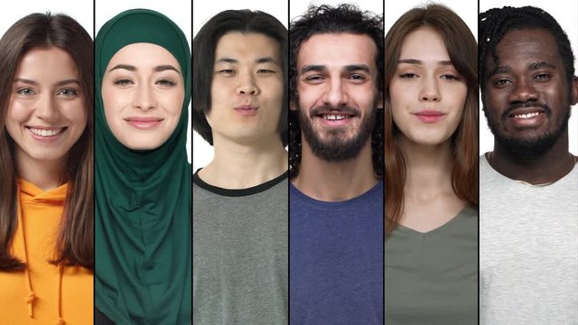 Split screen collage of smiling happy men and women. Multiethnic diverse people laughing and looking camera joyful. Different races and ethnicity concept. Multiscreen montage of positive feelings