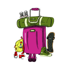 a set of travel bags. family trip. Doodle style. flat illustration. color card for the upcoming vacation