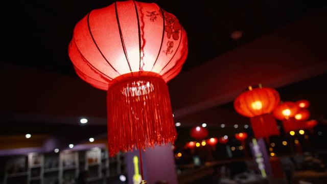 Chinese New year red paper latern decoration in restaurant