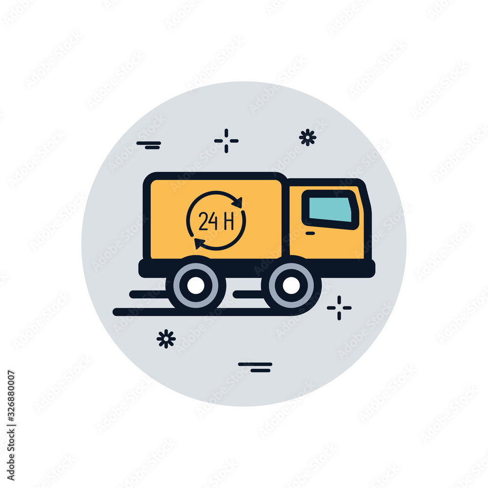 Poster isolated delivery truck and 24 hours arrow fill block style icon vector design