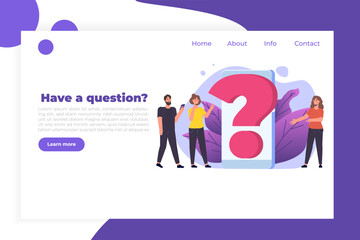 FAQ,  Frequently Asked Questions, user manual or guide, Online Support center concept.  People Characters Standing near giant question mark. Vector illustration. - obrazy, fototapety, plakaty