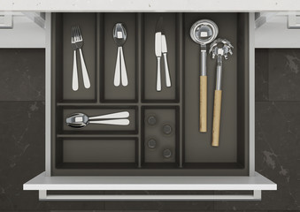 Open kitchen drawer with cooking utensils. Storage and organization of the kitchen. 3d rendering. - 326880805