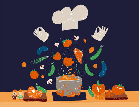 Vector cartoon cute concept of Professional Cooking for small restaurants and home cook. White Hat and gloves with vegetables, meat - ingredients for soup - cook vector concept.