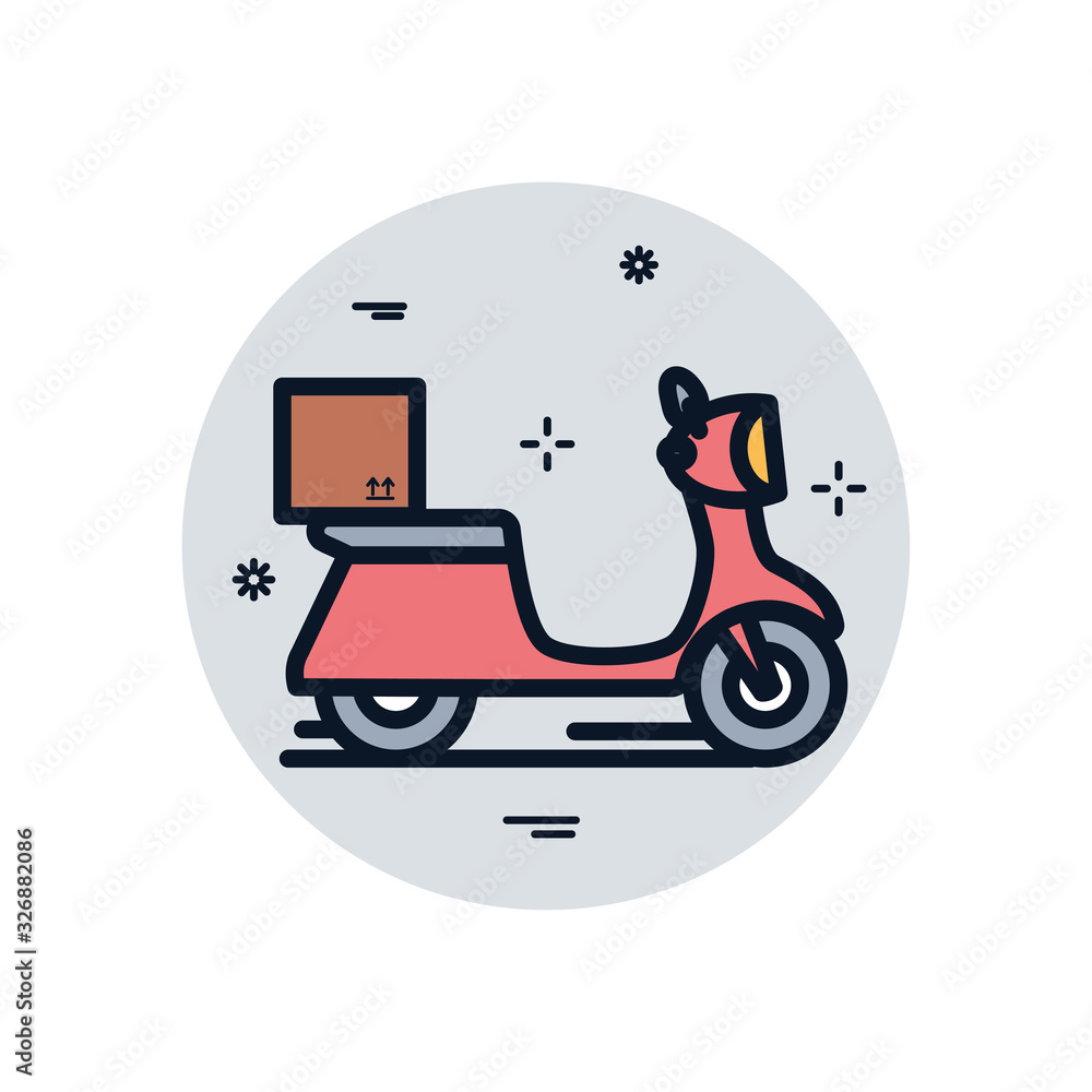 Poster isolated delivery box over motorcycle fill block style icon vector design