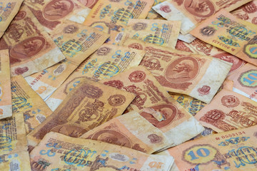 Background of ten ruble denominations of Soviet money of the 1961 sample.