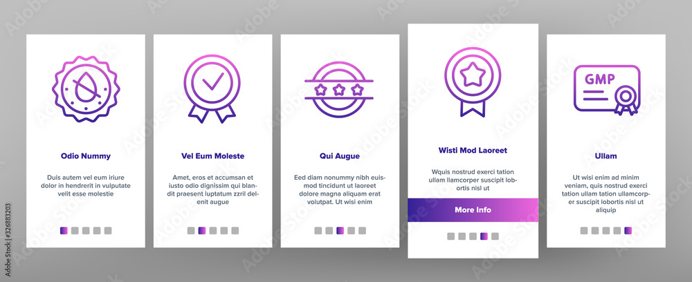 Poster gmp certified mark onboarding icons set vector. gmp good manufacturing practice in form shield and m