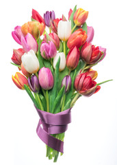 Colorful bouquet of tulips on white background.