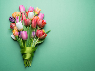 Colorful bouquet of tulips on white background.
