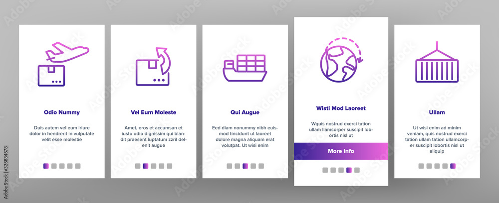 Poster export global logistic onboarding icons set vector. truck cargo and ship with container, airplane an