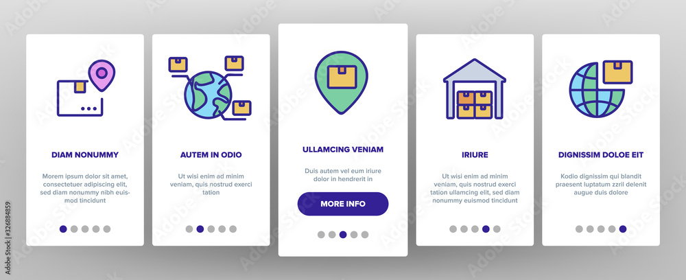 Poster export global logistic onboarding icons set vector. truck cargo and ship with container, airplane an