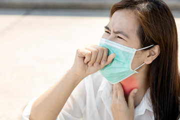 Sick asian female people with tonsillitis angina,woman wearing mask,touch the neck with cough,sore throat pain irritation,hard to swallow, loss of voice,ill symptoms,medical treatment,healthcare